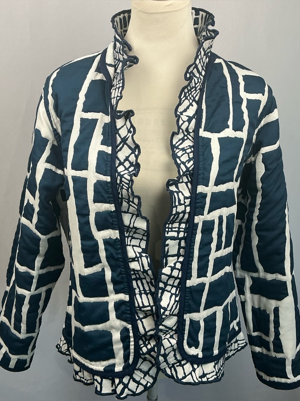 Trimdin Navy Ivory Reversible Ruffle Artisan Jacket Geometric